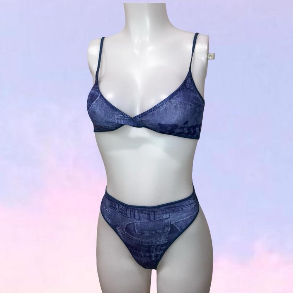 Vintage 90s y2k Denim-Print Triangle Bralette & High-Cut Brief Set